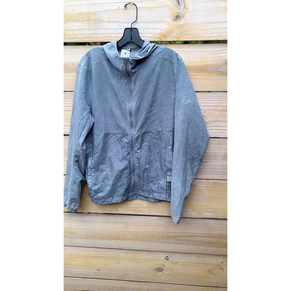 Adidas Running Mens Grey Ripstop Full Zip Hooded Windbreaker Jacket Size Large